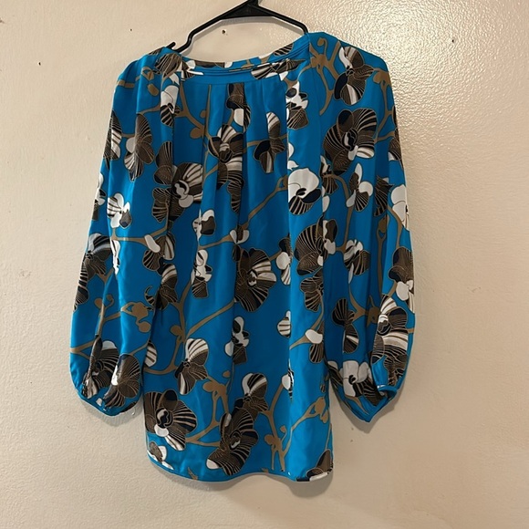 Diane von Furstenberg  SilkTurquoise Blouse w/ Puff Sleeve & Orchid Pattern - Picture 6 of 12